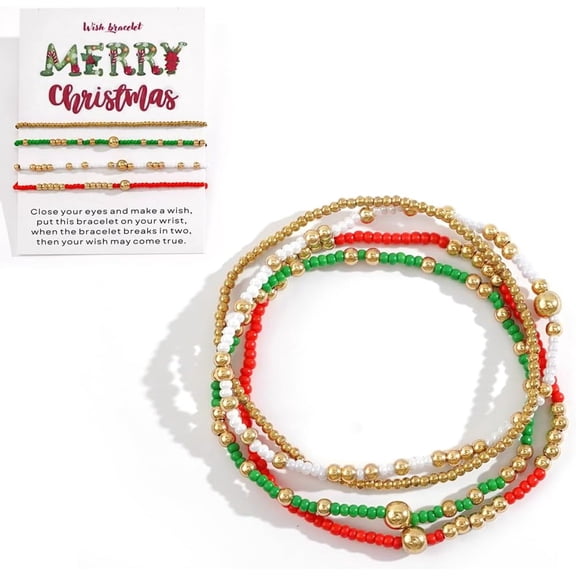 Christmas Bracelet for Women - Boho Stackable Beaded Bracelet with Gold, Red, Green & White Beads, Holiday Party Jewelry Gift