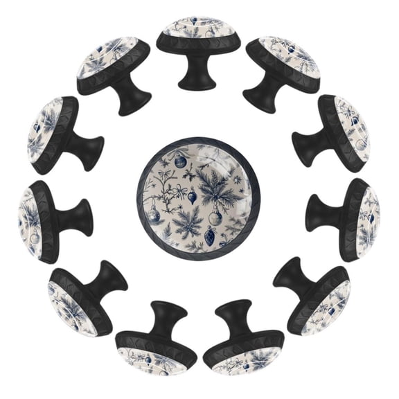Christmas Branches Snowflakes Seamless Pattern 35MM Round Glass Cabinet Knobs, Kitchen Knobs for Drawer Dresser Cupboard Wardrobe Modern Pulls Handles Hardware, Set of 12