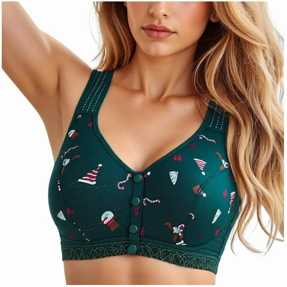 Christmas Bras For Women Front Closure Wirefree Cute Print Bralettes Push Up Comfortable Breathable Everyday Wear (XXL, Green)