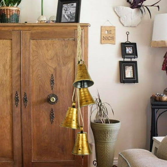 Christmas Brass Cow Bells Set of 4 | Shabby Vintage Metal Hanging Decor | Rustic Iron Bells with Rope | Wind Chime Sound | Golden Wall or Door Ornament | Festive Holiday Accent Piece 11.5 x 8.5