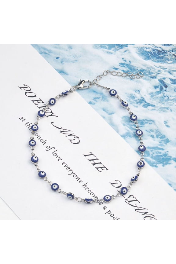 Christmas Brass Evil Eye Enamel Link Chain Anklets for Women Platinum Midnight Blue 8-1/4 inch(210mm)
