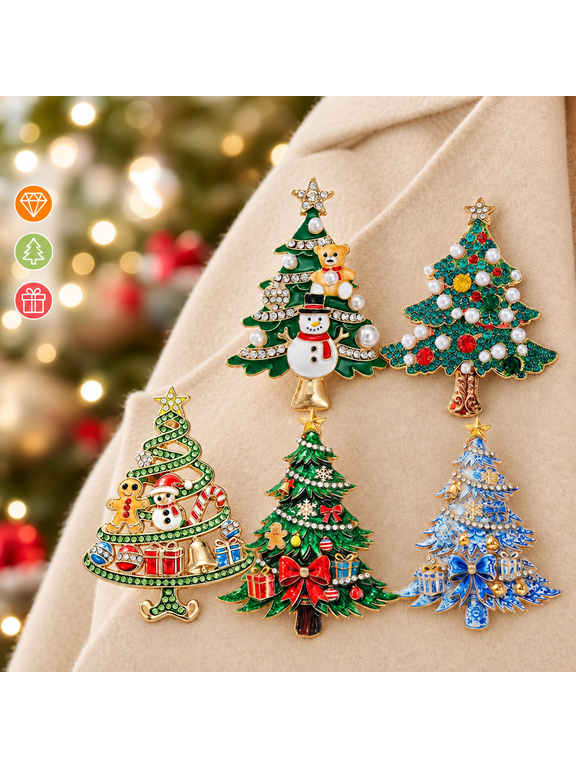 Christmas Brooch Pins, 5 Pieces for Women and Men, Alloy Enamel Lapel Pins for Coats and Sweaters, Holiday Party Jewelry and Stocking Stuffer Gifts