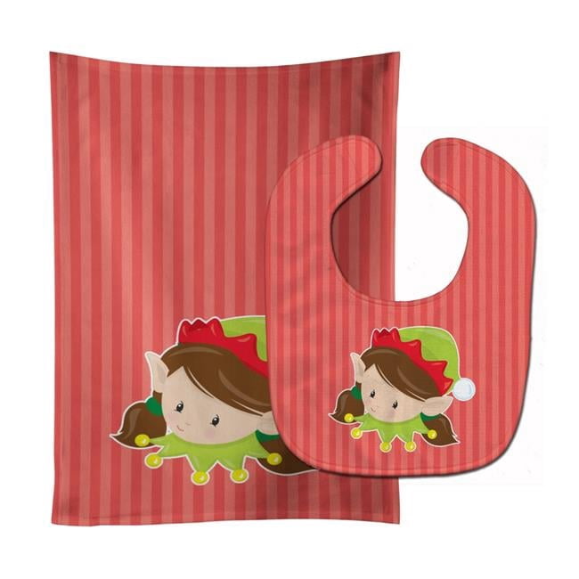 Christmas Brunette Girl Elf Baby Bib & Burp Cloth