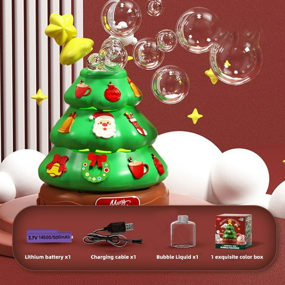 Christmas Bubble Machine,Tree Bubble Maker with Light and Music,LED Bubble Blower with DIY Sticker Design for Holiday Decor,Party Fun and Backyard Celebrations,100ml Bubble Solution