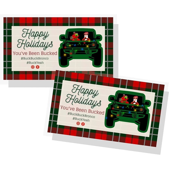 Christmas Buck Buck Bronco Youve Been Bucked Tags 50 pk Holiday Eruption Green Plaid #BuckBuckBronco #BuckYeah Game Attach Cards to Rubber Horse Duck Figurines 2x3.5