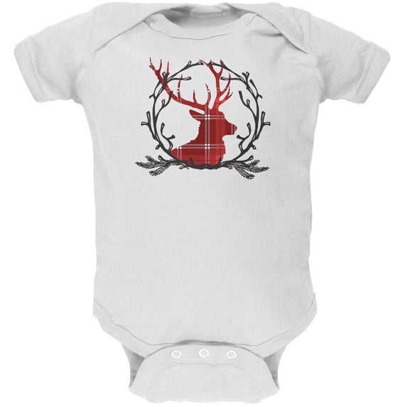 Christmas Buck Deer Antlers Plaid Soft Baby One Piece White 3-6 M