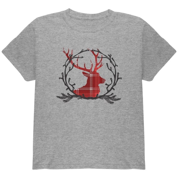 Christmas Buck Deer Antlers Plaid Youth T Shirt Heather YSM