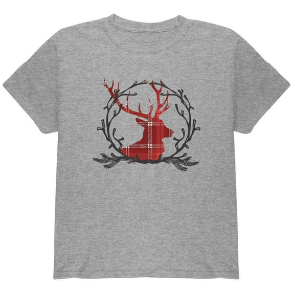 Christmas Buck Deer Antlers Plaid Youth T Shirt Heather YXL