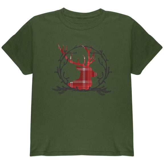 Christmas Buck Deer Antlers Plaid Youth T Shirt Military Green YMD