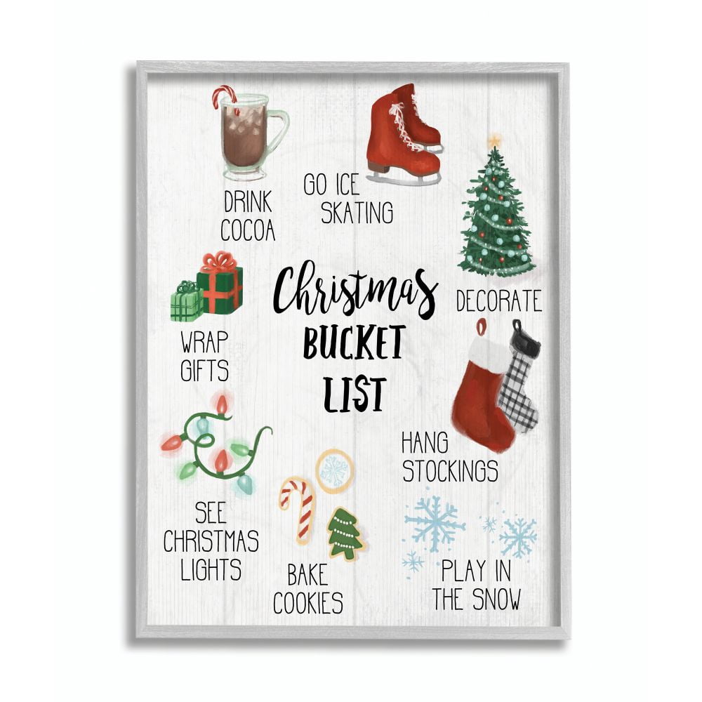 Christmas Bucket List Seasonal Items Food Winter Word Design Gray Farmhouse Rustic Oversized Framed Giclee Texturized Art by Daphne Polselli