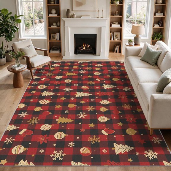 Christmas Buffalo Plaid Area Rugs, Tree Snowflake Pattern Carpet, Washable Non Slip Low Pile Soft Rug for Living Room Bedroom Holiday Decor Mat 2x3ft
