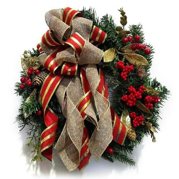 Christmas Buffalo Plaid Bow Door Wreath Artificial Pine Cones Bell Garland Decor