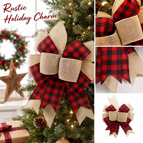Christmas Buffalo Plaid Bow Rustic Burlap Crafts Wreath Bow for Holiday Weeding Kitchen Decor, Christmas Decorations