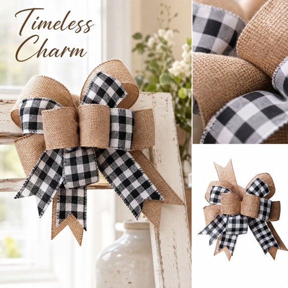 Christmas Buffalo Plaid Bow Rustic Burlap Crafts Wreath Bow for Holiday Weeding Kitchen Decor, Christmas Decorations