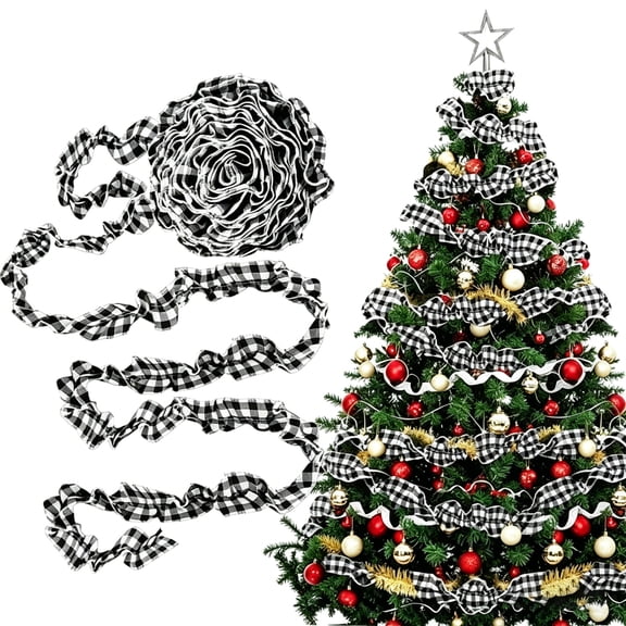Christmas Buffalo Plaid Garland Tutuviw 26.9 Ft Christmas Tree Garland Plaid White and Black Ruffled Check Fabric Ribbon Homespun Fabric Ribbon Decorations for Home Xmas Holiday Decor