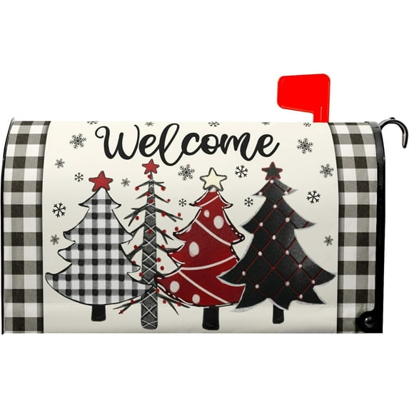 Christmas Buffalo Plaid Mailbox Covers Magnetic Standard Size 21"x18" Winter Welcome Tree Mailbox Wraps Xtmas Snowflakes Post Letter Box for Holiday Outdoor Decoration