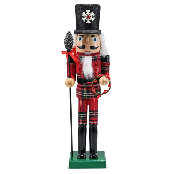 Christmas Buffalo Plaid Nutcracker  Red and Black Wooden Nutcracker Soldier with an Acorn Staff and Holly Berries Wreath Xmas Themed Holiday Nut Cracker Doll Figure Decorations