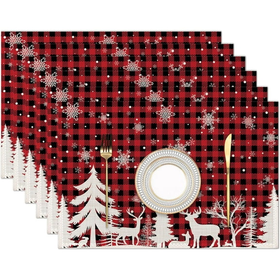 Christmas Buffalo Plaid Placemats Set of 6 Washable Table Mats for Kitchen Dining Table,Heat-Resistant New Year Place Mats for Indoor Outdoor Party Holiday Decoration