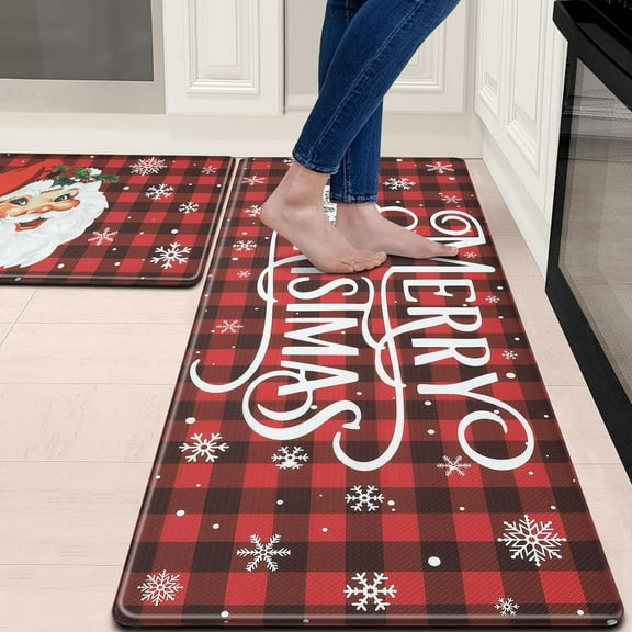 Christmas Buffalo Plaid Santa Claus Kitchen Mat [2PCS], Non-Skid Waterproof Cushioned Anti Fatigue Comfort Foam Mats for Kitchen Floor,Laundry,Office,Red and Black Plaid 17x30+17x47inch