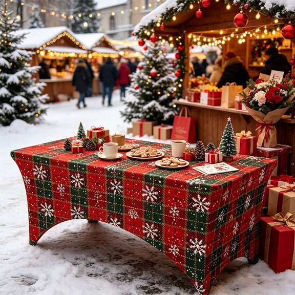 Christmas Buffalo Plaid Spandex Fitted Rectangular Table Cover, Snowflake Holiday Tablecloth