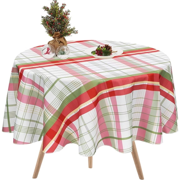 Christmas Buffalo Plaid Tablecloth, Gingham Checkered Table Cloth, Xmas Tablecloths for Dining Kitchen Winter Holiday, Waterproof Table Cover for Party Decor, Red Green, Round 60 inch