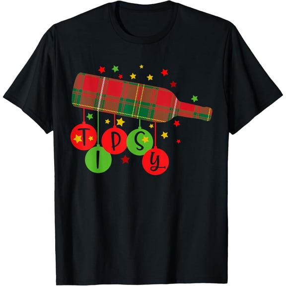 Christmas Buffalo Plaid Wine Bottle with Tipsy Ornaments T-Shirt