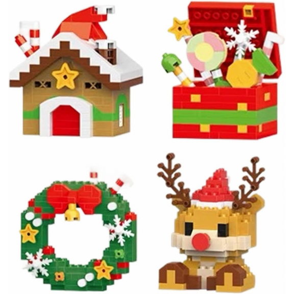 Christmas Building Blocks Set for Adults, 4 Pack Mini Building Blocks with Elk, DIY Stocking Stuffers for Kids Christmas Birthday Gifts