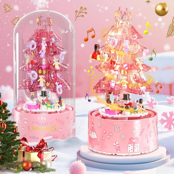 Christmas Building Blocks Sets Pink Rotating Christma Tree Music Box for Kids Christmas Kits with Automatic Snow-Floating Xmas Building Brick Toys Gifts for Adults Teens Kids Girls Boys Ages 6+