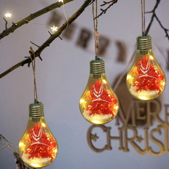 Christmas Bulb Lights with Flower, Transparent Christmas Ball Lights Hanging Ornaments, Battery Operated LED Lights, Glass DIY Light Bulb with Rope for Xmas Tree Thanksgiving Wedding Party Decoration