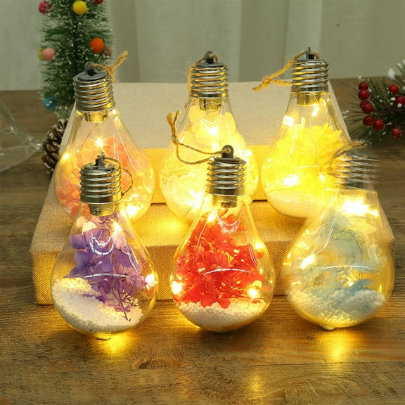Christmas Bulb Lights with Flower, Transparent Christmas Ball Lights Hanging Ornaments, Battery Operated LED Lights, Glass DIY Light Bulb with Rope for Xmas Tree Thanksgiving Wedding Party Decoration