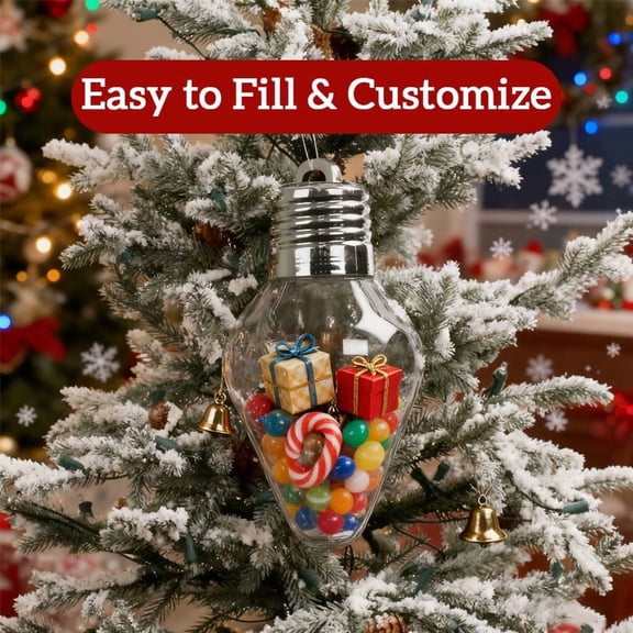 Christmas Bulb Shaped Gift Jar, Light Bulb Design Glass Jar with Pendant Decoration for Holiday Container, Festive Display on Shelves/Desks Reusable Gift Storage Dishwasher Safe