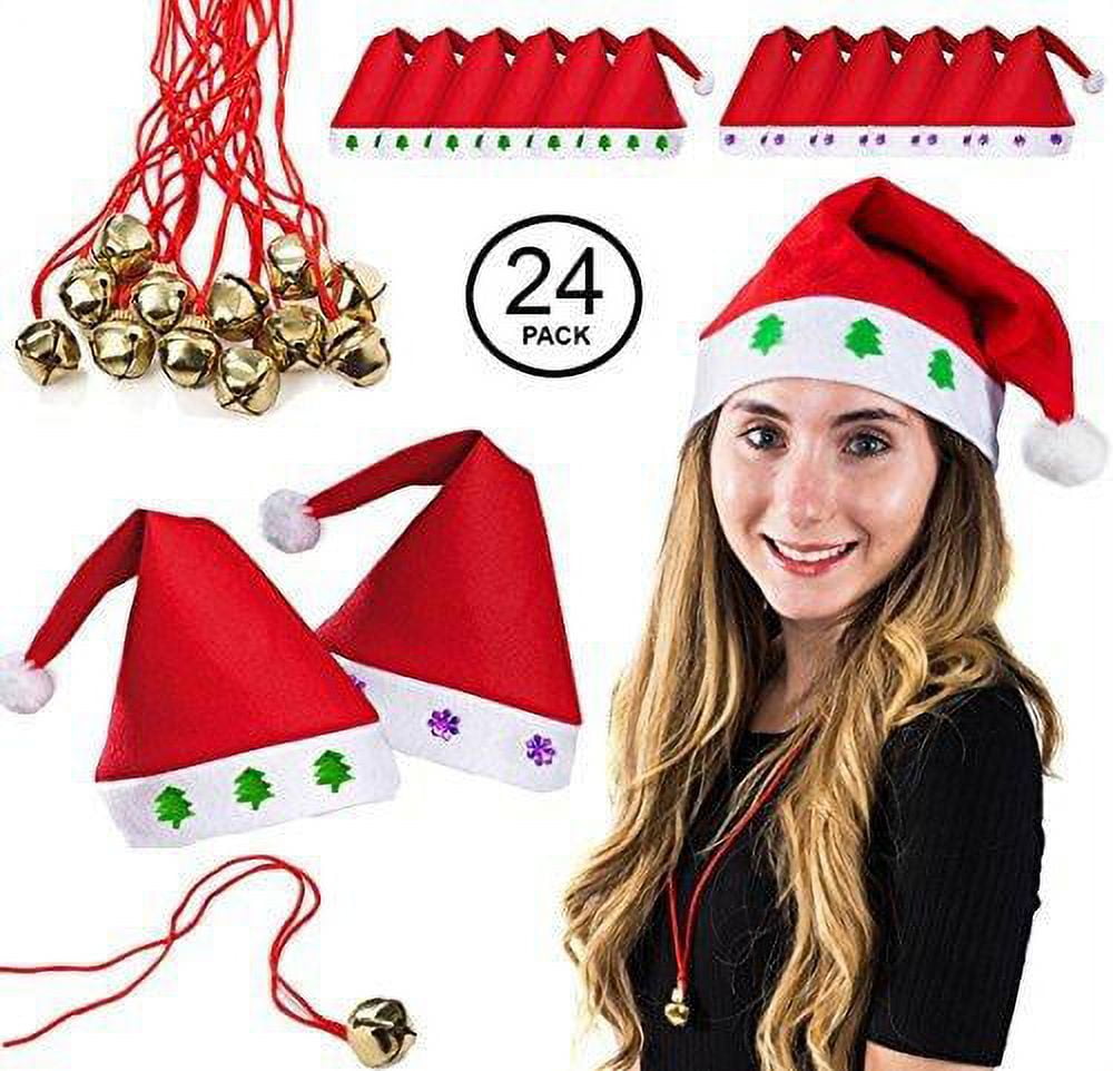 Christmas Bulk Set 1 Dozen Santa Hats 1 Dozen Jingle Bell Necklaces 24 Pieces Set