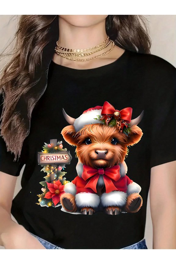 Christmas Bull Cow Santa Hat Red Bow T-Shirt Women's Holiday Christmas Gift Cute Animal Print White Tee For Xmas Party And Festive Season