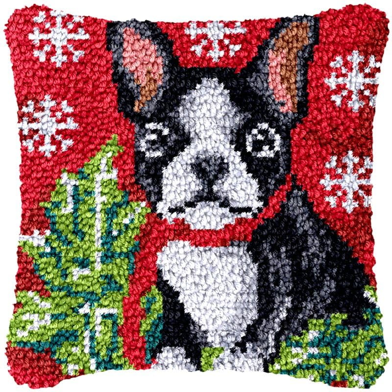 Christmas Bull Dog Latch Hook Pillow Cover Kits for DIY Handmade Throw Pillow Cross Stitch Latch Hook Pillowcase Rug Kits with Preprinted Color Pattern Canvas Crochet Yarn Kits 17''X 17''(fv10)