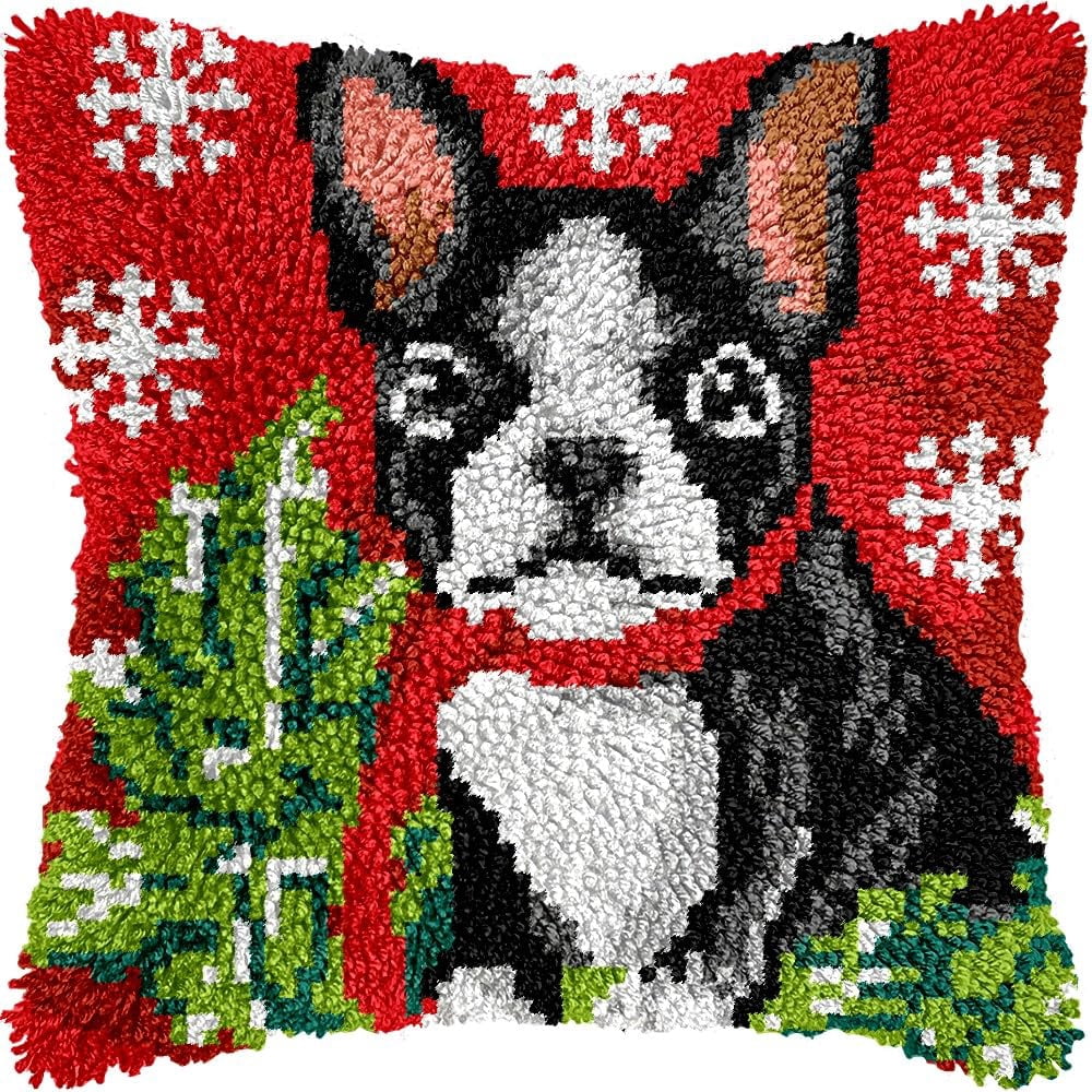 Christmas Bulldog Latch Hook Pillow Kits for DIY Throw Pillow Cushion Embroidery Latch Hooking Pillowcase Kits with Preprinted Canvas Crochet Yarn Kits for Home Decor 17''X 17''(j52)