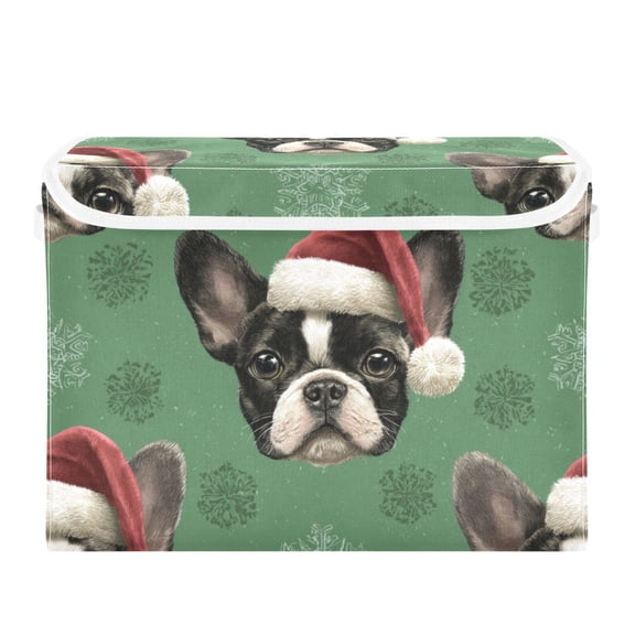 Christmas Bulldog with Hat Snowflakes Foldable Storage Bins with Lids Handles Collapsible Storage Containers Tote Boxes 16.5 x 12.6 x 11.8 inches