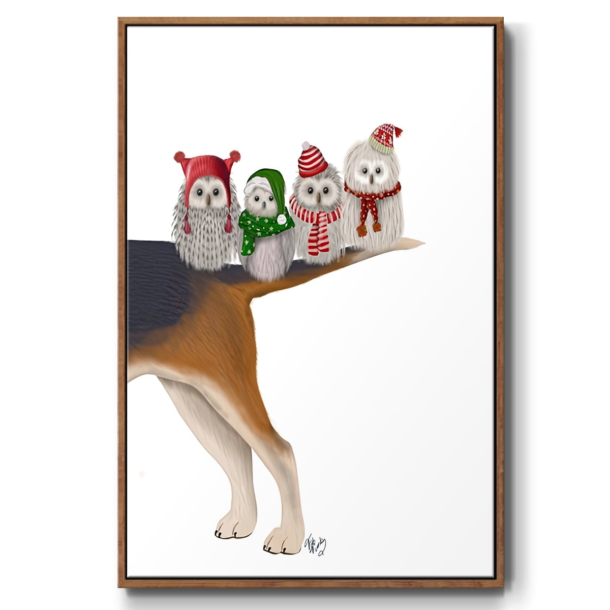Christmas Bummer Owls - Framed Gallery Wrapped Holiday Canvas - 17 x 25 - Rosewood Frame