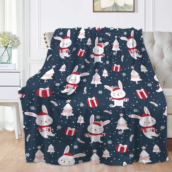 Christmas Bunny Blue Blanket Winter Cartoon Rabbit and Flowers Lightweight Throw Blanket for Kids Girls Boys Soft Cozy Fleece Bunny Pattern Blanket for Bed Couch\u2014Small 50"x40"(Throw) Kid