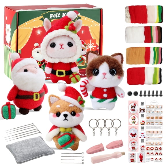 Wizardi Beginner Needle Felting Kit for Adults - Christmas Bunny, Shiba Inu, Cat and Santa. Christmas Felting Kit. Felting Tools. Wool Felting Supplies. Felt Crafts. Wool Felt. F07N8-Z-06