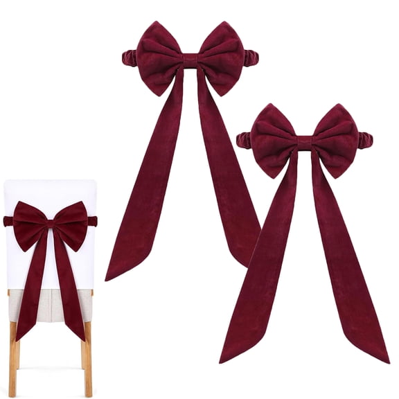Christmas Burgundy Velvet Chair Sashes, 11.8” x 29.5“ Elastic Burgundy Velvet Sashes Chairs Back Bows Tie for Christmas Banquet Home Wedding Event Banquets Party Decor, 2 Pack