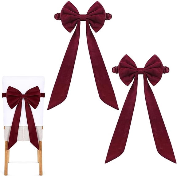 Christmas Burgundy Velvet Chair Sashes, 11.8” x 29.5“ Elastic Sashes Chair Bows, for Christmas Banquet Home Wedding Events Banquets Party Decoration(2pcs)