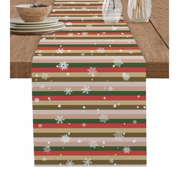Christmas Burlap-Cotton Table Runner 108 Inches Long,Red Green Beige Striped Snowflake Xmas Farmhouse Table Runners,Outdoor Dining Tablecloths Decor for Baby Shower Party Wedding 13x108