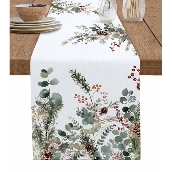 Christmas Burlap-Cotton Table Runner 120 Inches Long,Xmas Botanical Pinecone Eucalyptus Leaves Farmhouse Table Runners,Outdoor Dining Tablecloths Decor for Baby Shower Party Wedding 13x120