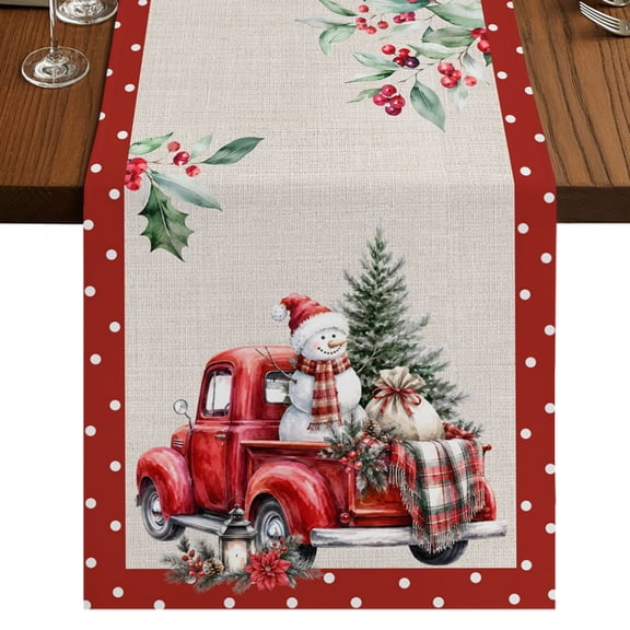 Christmas Burlap Cotton Table Runner 13x36 Inches Short, Red Xmas Truck Snowman Trees Berry Poinsettia Beige Farmhouse Table Runners, Outdoor Dining Tablecloths Decor for Baby Shower/Party/Wedding