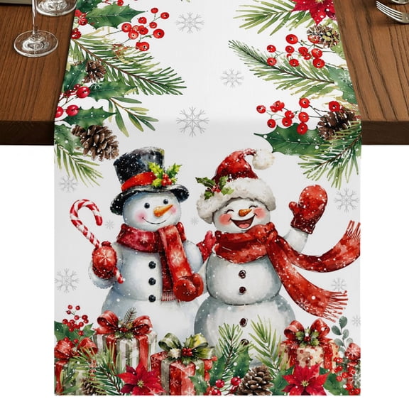 Christmas Burlap Cotton Table Runner 13x36 Inches Short, Snowman Poinsettia Pine Branch Snowflake Farmhouse Table Runners, Outdoor Dining Table Decor for Baby Shower/Party/Wedding
