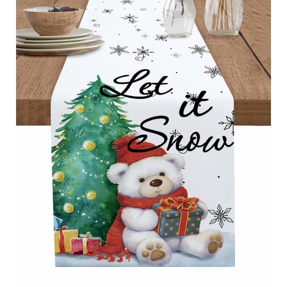 Christmas Burlap-Cotton Table Runner 48 Inches Long,Xmas Tree Bear Snowflake Watercolor Farmhouse Table Runners,Outdoor Dining Tablecloths Decor for Baby Shower Party Wedding 13x48