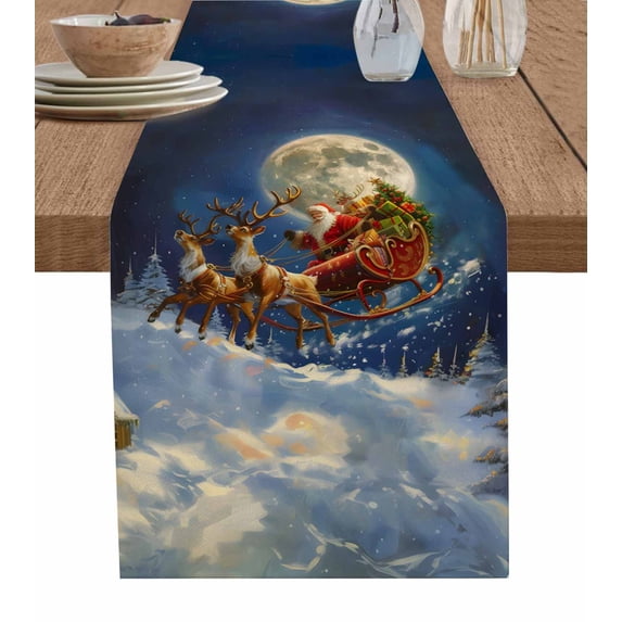 Christmas Burlap-Cotton Table Runner 90 Inches Long,Blue Xmas Tree Santa Elk Moon Night Farmhouse Table Runners,Outdoor Dining Tablecloths Decor for Baby Shower/Party/Wedding 13x90