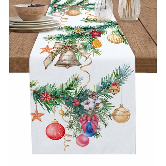 Christmas Burlap-Cotton Table Runner 90 Inches Long,Xmas Balls Botanical Pine Needle Farmhouse Table Runners,Outdoor Dining Tablecloths Decor for Baby Shower/Party/Wedding 13x90