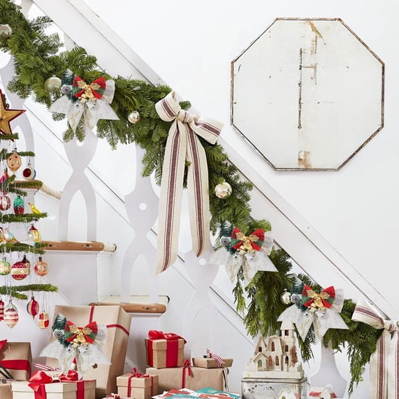 Christmas Burlap Plaid Bow with Pine Cones Pine Needles Xmas Checkered Ribbon Bow Christmas Tree Decoration Bows for Christmas Parties Indoor Outdoor Crafts DIY Decor(3.5x3.3in)