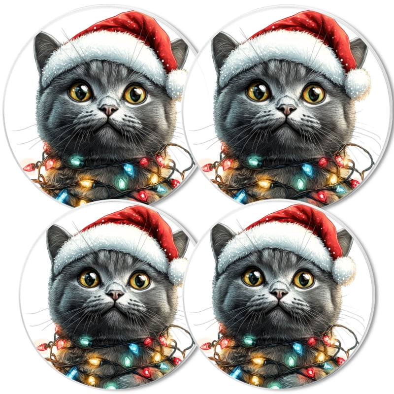 Christmas Burner Covers for Electric Stove, Black Cute Cat with Christmas Lights Round Xmas Decorative Metal Stove Burner Cover Kits Set of 4 for Kitchen, 8 Inches and 10 Inches
